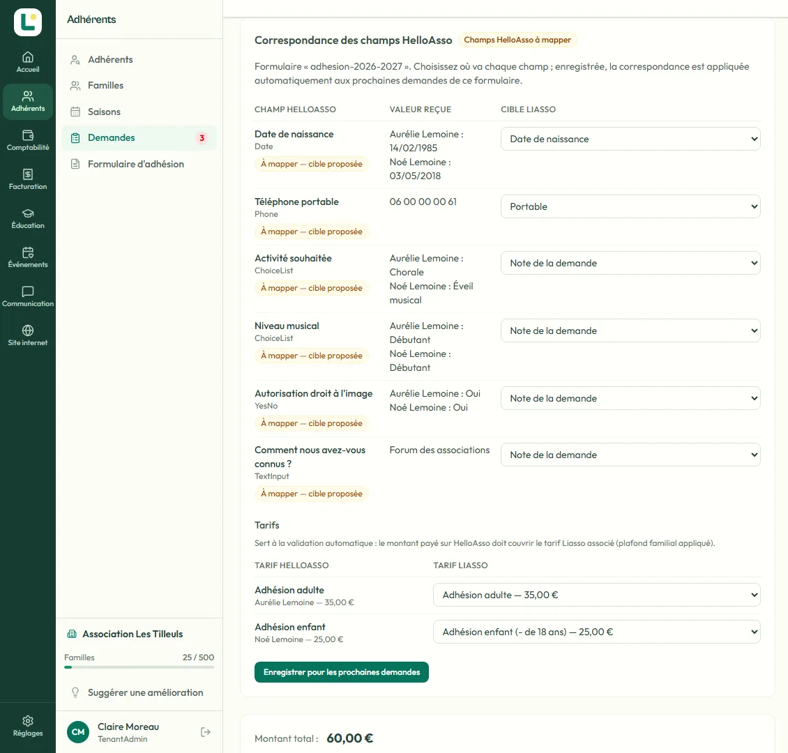 Correspondance des champs HelloAsso dans Liasso : chaque champ du formulaire d'adhésion HelloAsso associé à un champ Liasso, et chaque tarif HelloAsso à un tarif Liasso
